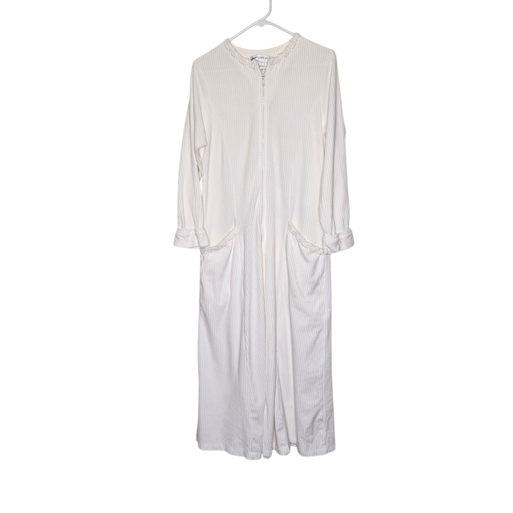 Eileen West Vintage 90s Robe Small Ivory Lounger Full Zip Up Lace Trim Pockets